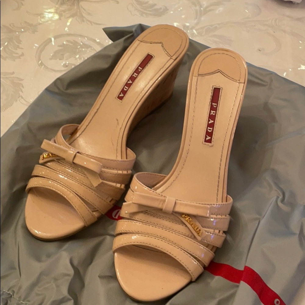 Prada Nude Patent Leather Wedges Size 38